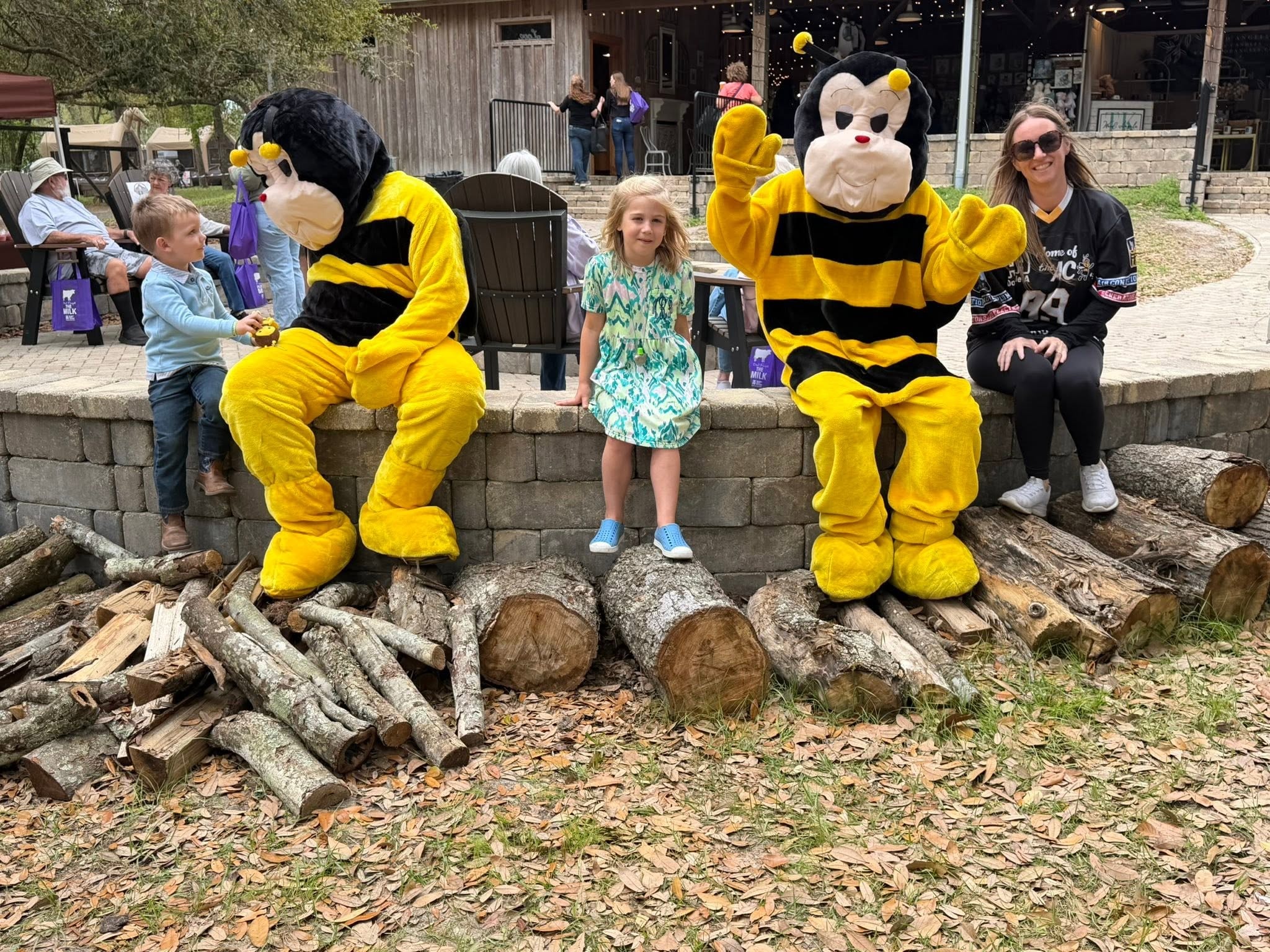 Young girl sitting between two AC Bee mascots on a stone wall