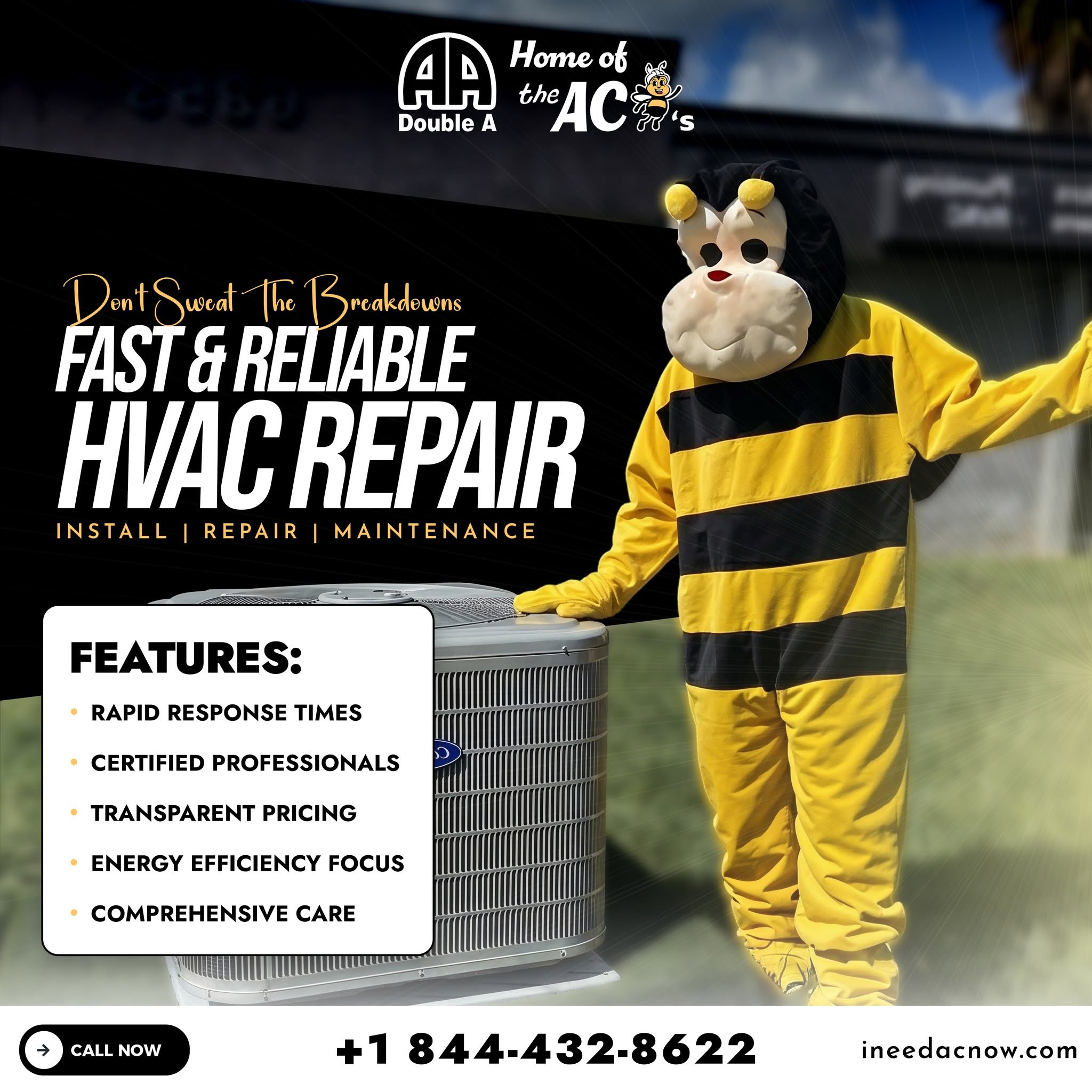 Double A AC Bee mascot with Carrier air conditioner — Fast & Reliable HVAC Repair