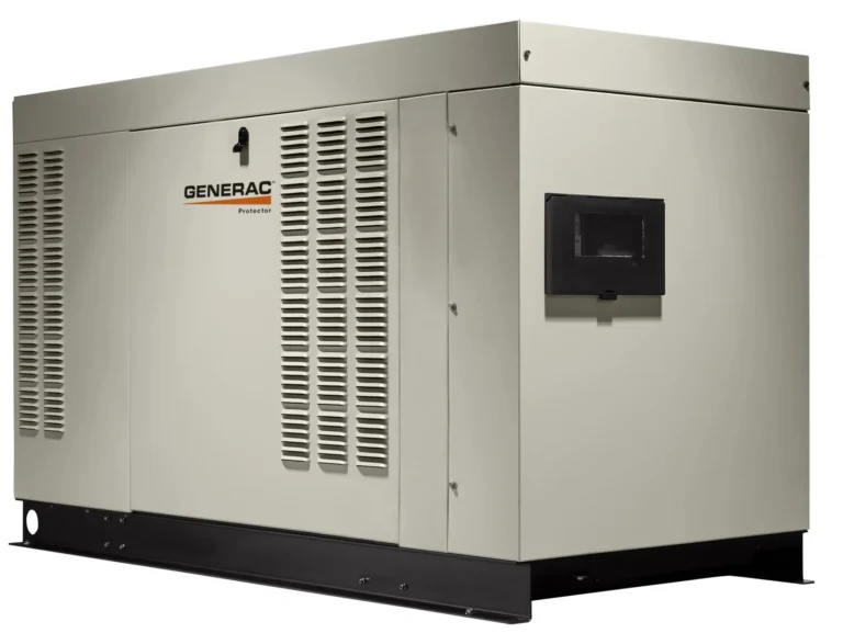 A large industrial diesel generator with ventilation panels and control display.