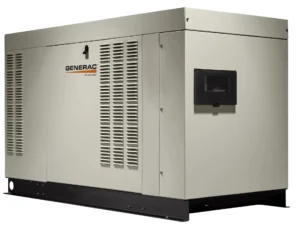 A large white industrial generator with ventilation panels.