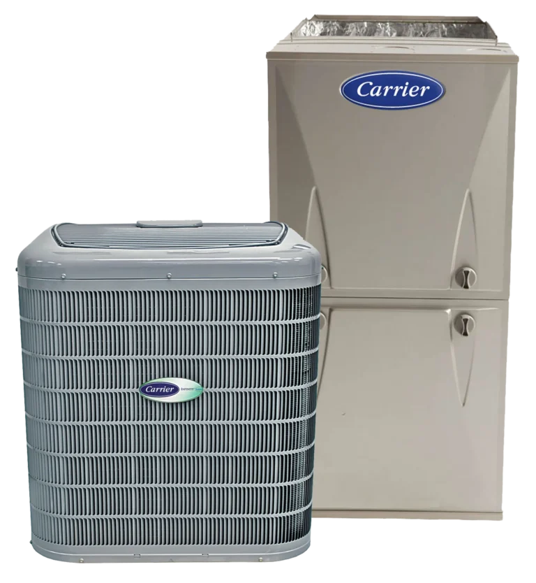 Two Carrier brand HVAC units for heating and cooling.
