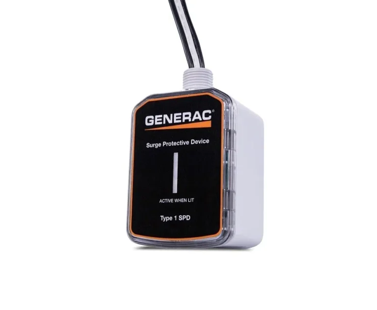 Generac surge protector device with a sleek black and gray design.