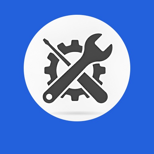 Wrench, screwdriver, and gear icon on blue