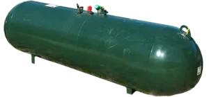 Large green industrial storage tank with multiple valves and fittings.