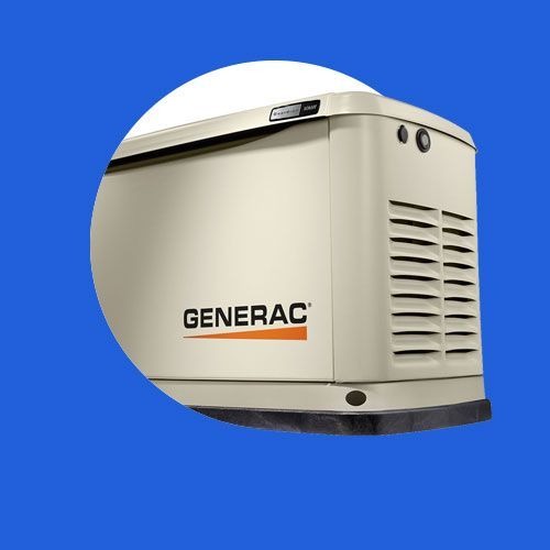 Generac generator on blue background.